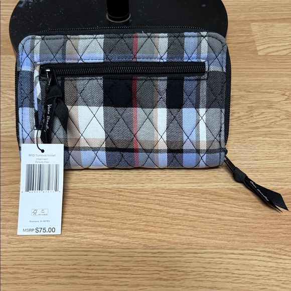 Vera Bradley Plaid RFID Wallet in Black, Gray, and Blue. Washable Quilted - Picture 3 of 6